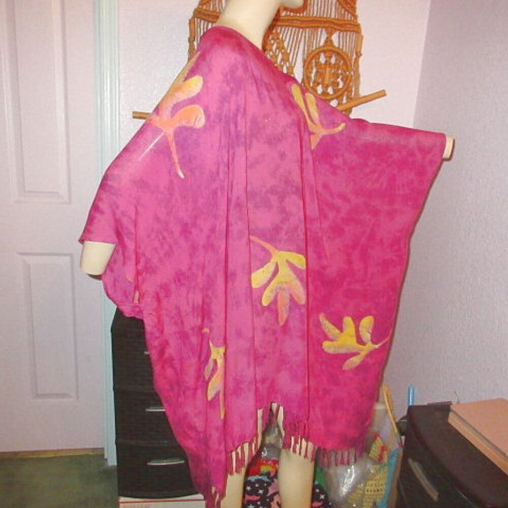 Vtg Wild Woman Batik Kimono Tunic Caftan Fringe Dress Hippie Boho Lagenlook OS - Picture 8 of 13